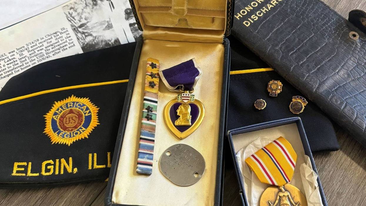 Belongings of World War II veteran Michael B. Zielinski, who served on the USS Birmingham and was awarded two Purple Heart medals. Zielinski died in 1978, and Kane County is trying to deliver his belongings to his next of kin.
