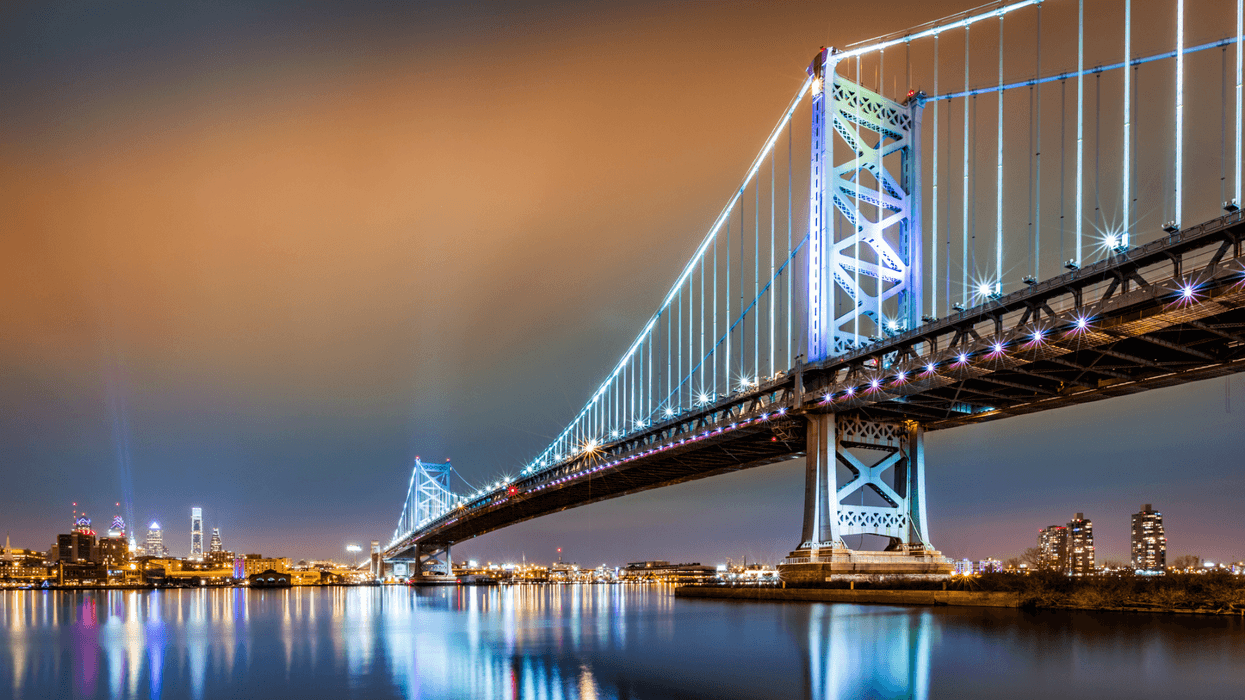 Ben Franklin Bridge and Philadelphia skyline by night as viewed from Camden across the Delaware river
