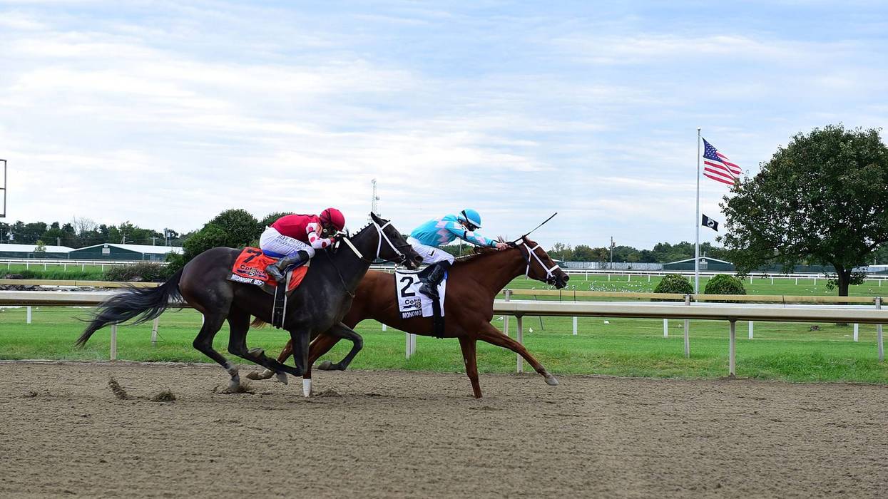 BENSALEM, PA - Monomoy Girl (R) rode by jockey Florent Geroux leads the race during The Cotillion Stakes at Parx Raceway on September 22, 2018 in Bensalem, Pennsylvania.