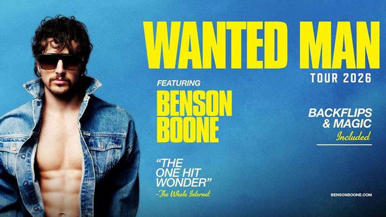 Benson Boone "Wanted Man Tour 2026" poster: sunglasses, open denim jacket, shirtless. "One Hit Wonder."