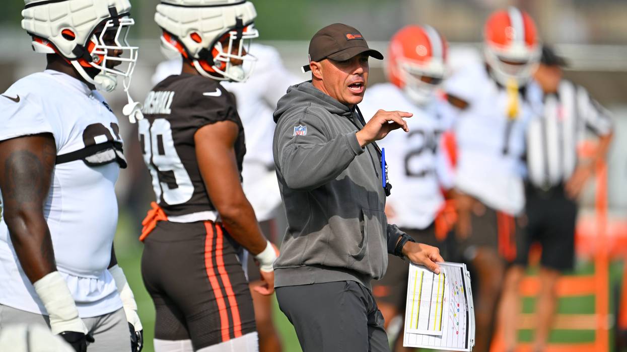 BEREA, OHIO - JULY 26: Special teams coordinator Bubba Ventrone calls a play during training camp at CrossCountry Mortgage Campus on July 26, 2025 in Berea, Ohio. (Photo by Jason Miller/Getty Images)