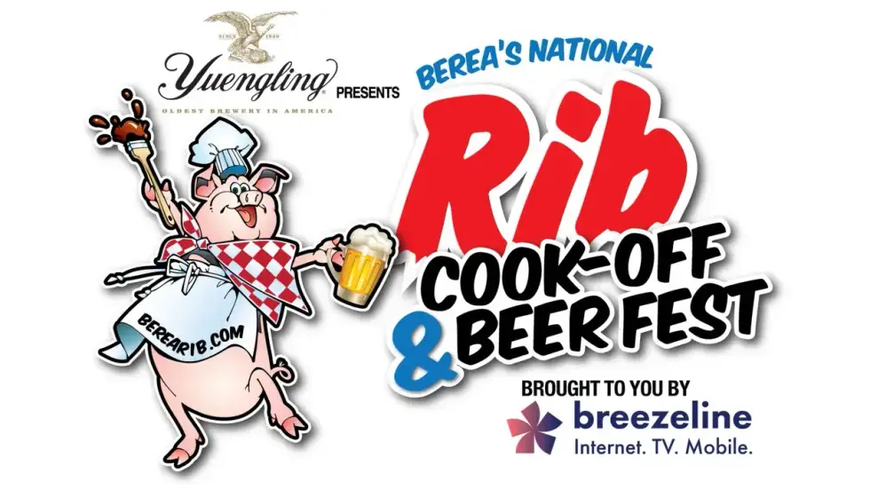 Berea's National Rib Cook-Off & Beer Fest logo: joyful pig chef holding beer and a BBQ brush.