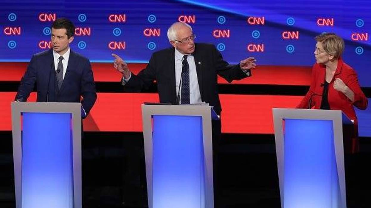 Bernie Sanders with arms up