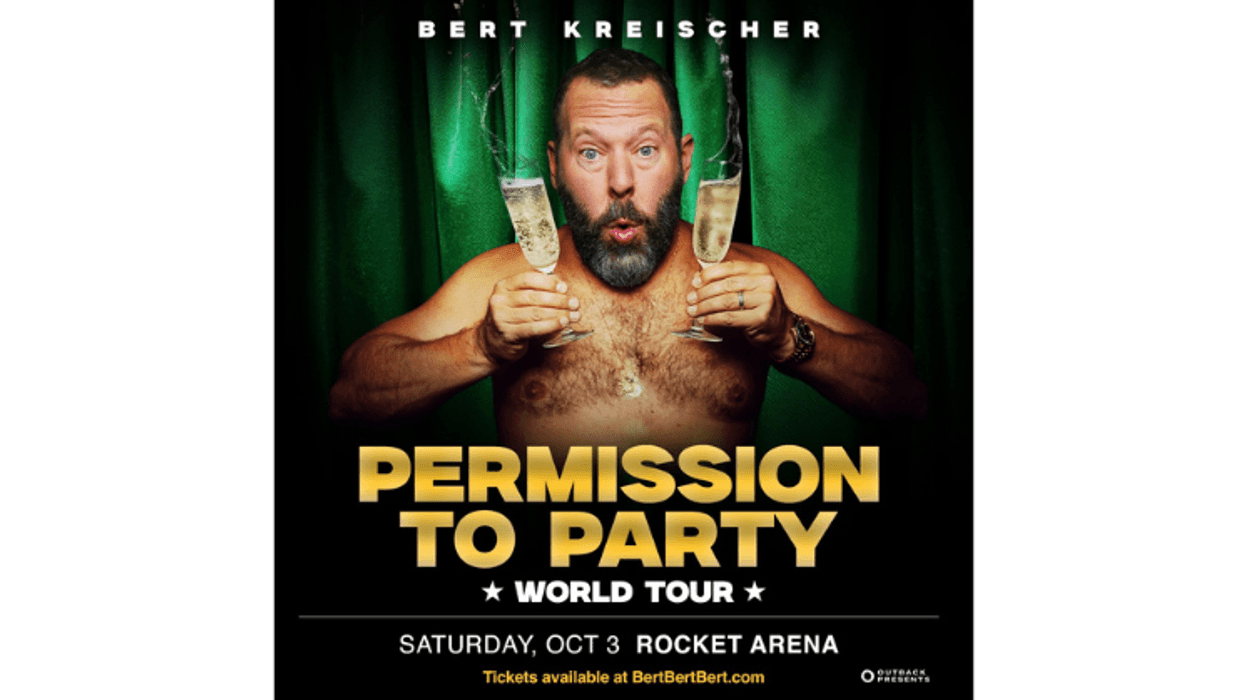 Bert Kreischer shirtless, bearded, holding spilling champagne glasses. 'Permission to Party' World Tour.