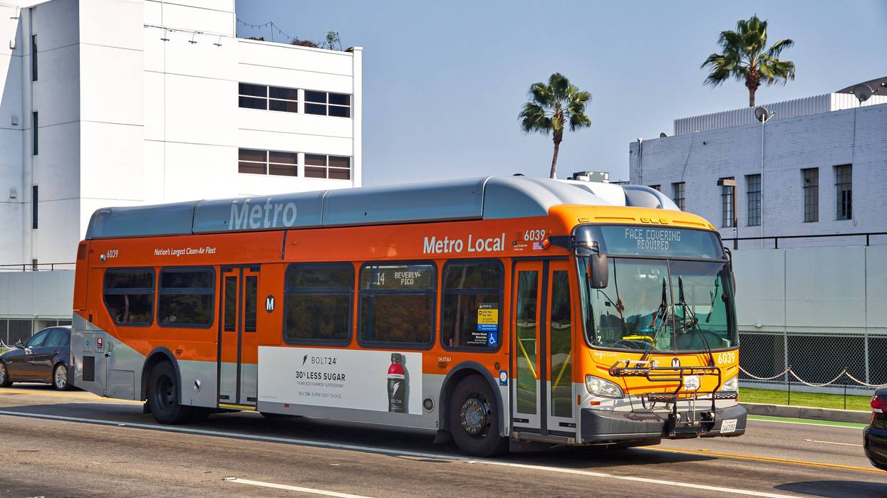 Beverly Hills, California, USA - October 04, 2020: Los Angeles Metro bus running at Downtown Los Angeles.