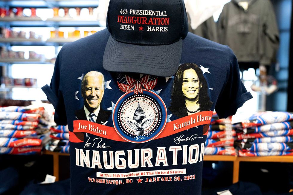 Biden-Harris Inauguration merchandise is displayed at a store in Union Station on January 14, 2021 in Washington, DC. Due to security concerns, the National Mall will be closed on Inauguration Day, as people are encouraged to view inaugural events from their home.