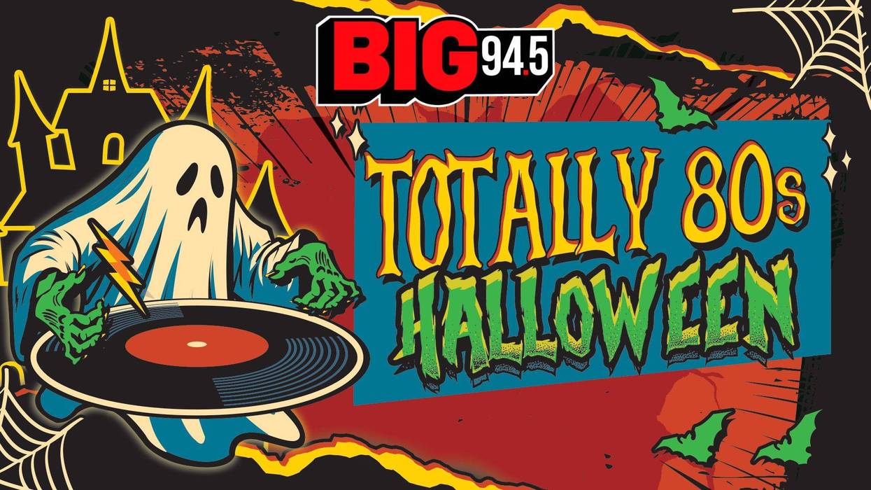 BIG 945 Totally 80s Halloween event poster with a ghost DJ, haunted house, and bats.