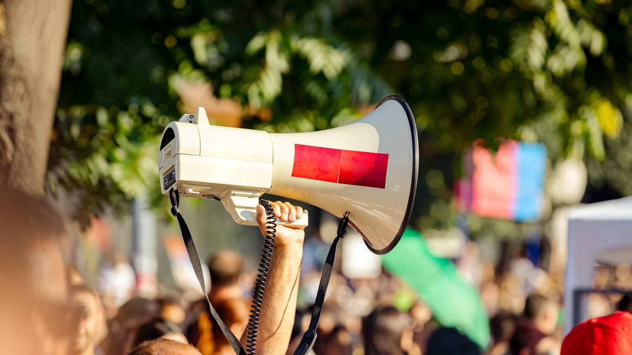 Big megaphone at protest against the government in Serbia