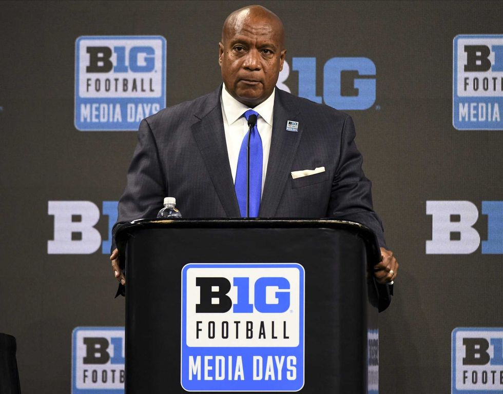 Big Ten commissioner Kevin Warren talks to the media during Big 10 football media days at Lucas Oil Stadium.