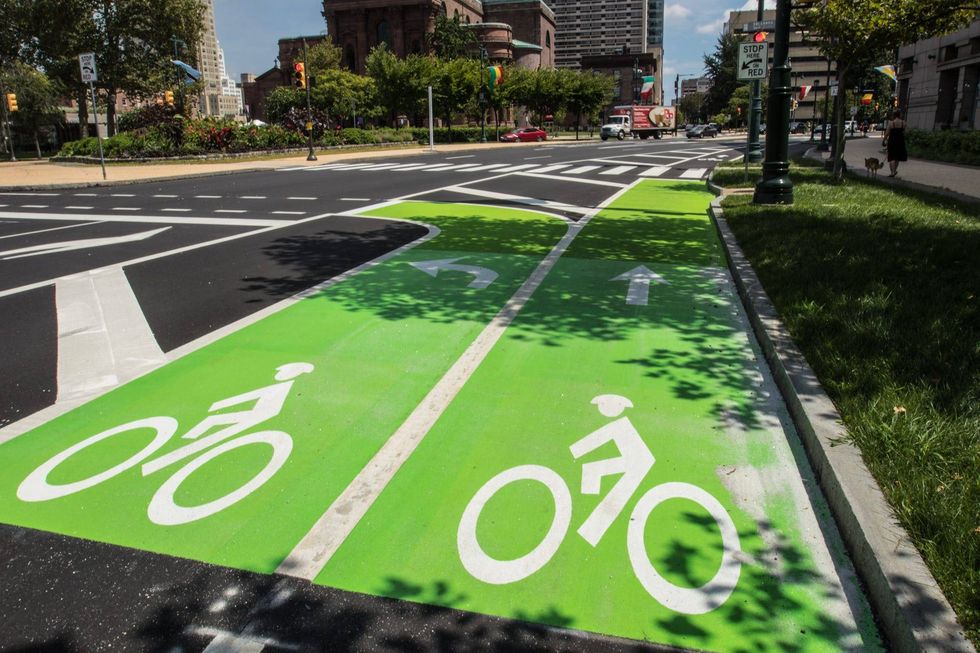Bike lanes on Ben Franklin Parkway.