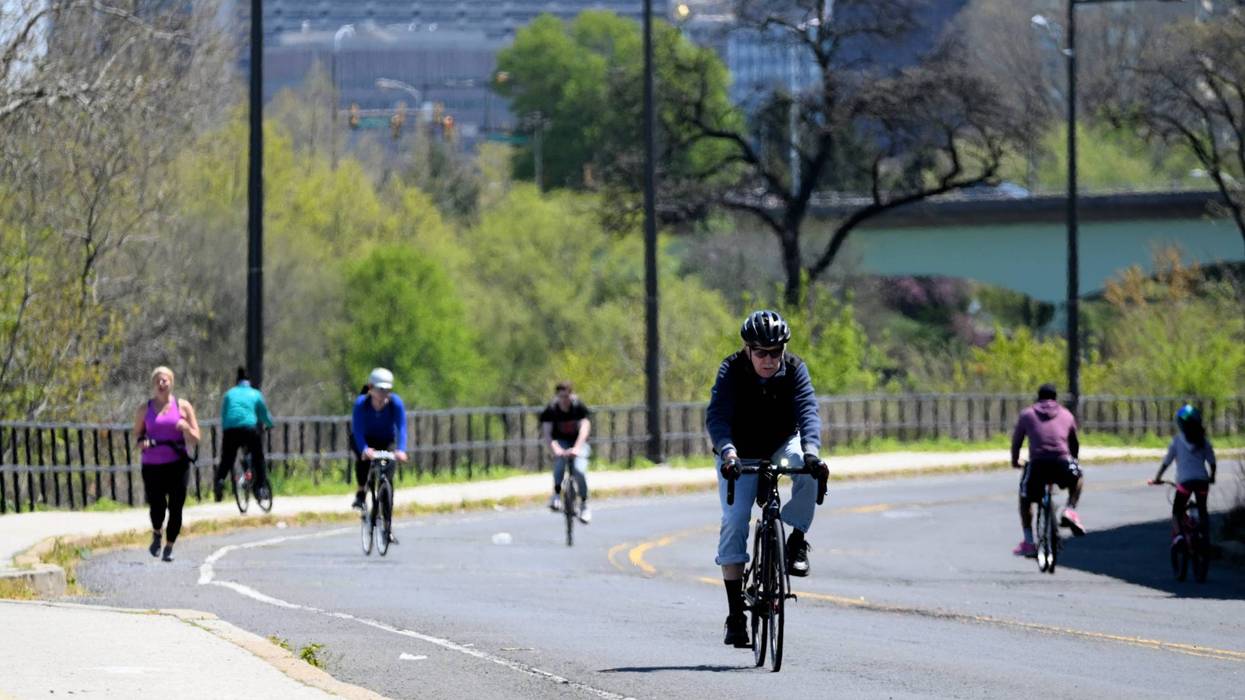 Bike riders and pedestrians in Philadelphia.