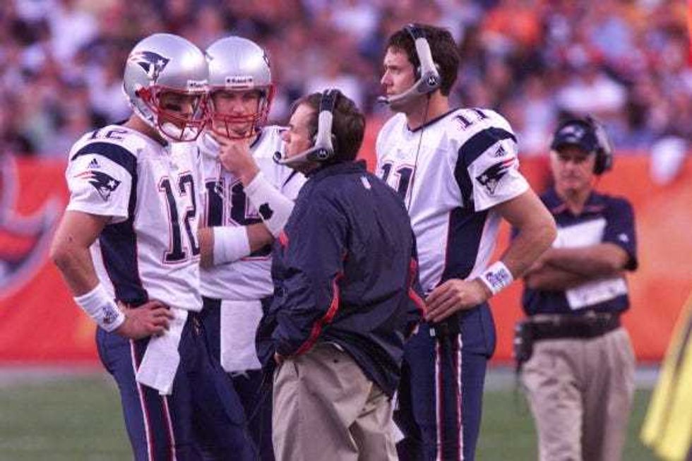 Bill Belichick, Drew Bledsoe and Tom Brady