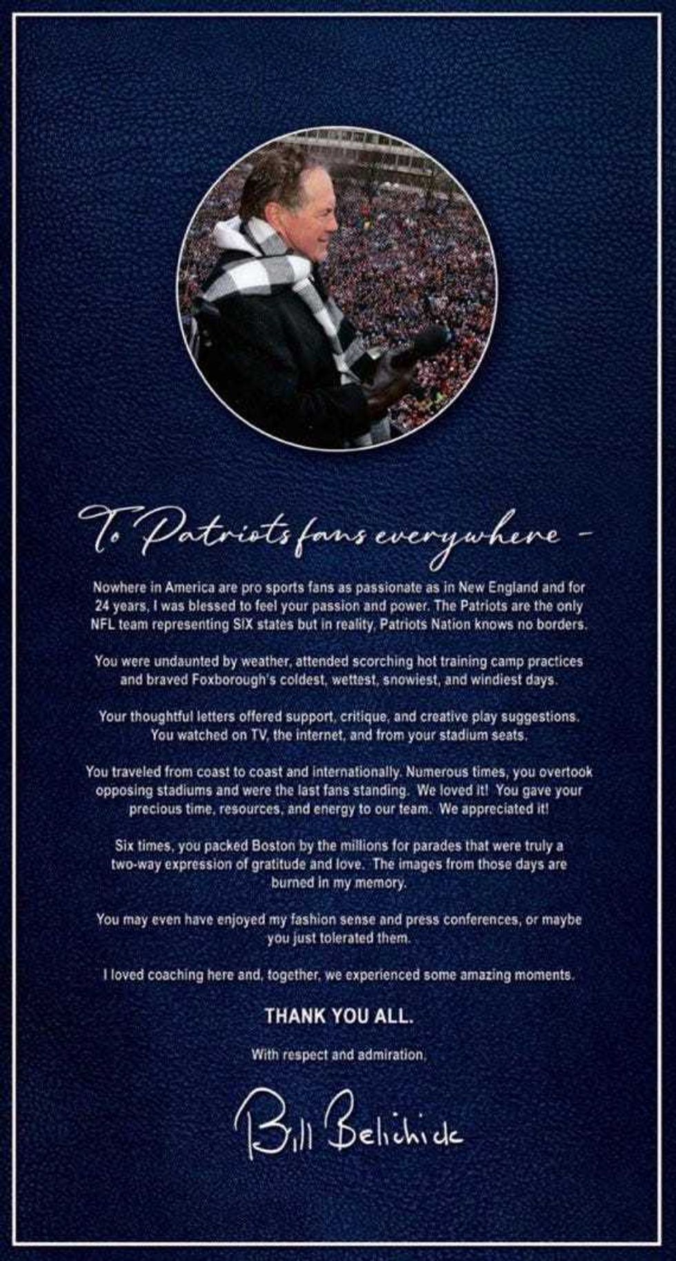 Bill Belichick letter to fans
