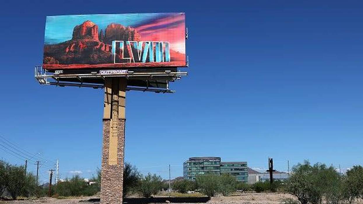 Billboard in desert with Super Bowl LVII logo