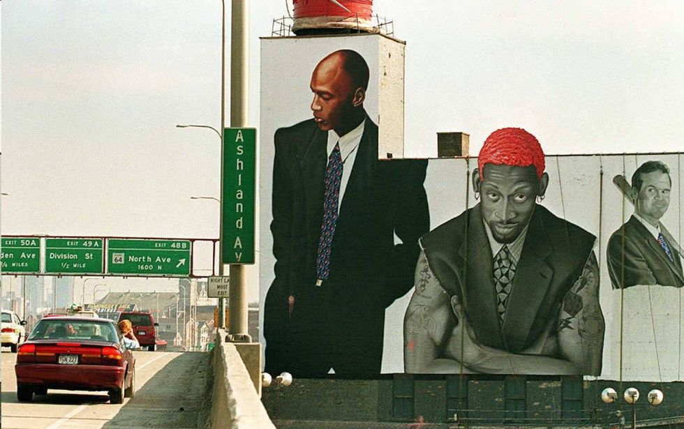 billboard painted with Michael Jordan, Dennis Rodman and Ryne Sandberg