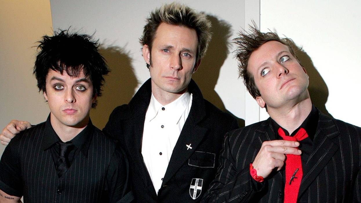 Billie Joe Armstrong (L), Mike Dirnt (C) and Tre Cool of Green Day stop by Fuse's Daily Download at Fuse studios January 5, 2005 in New York City.
