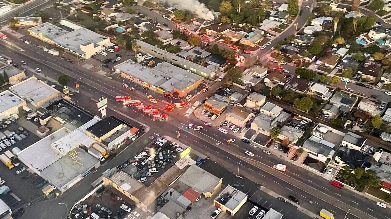 Birds eye view of house fire