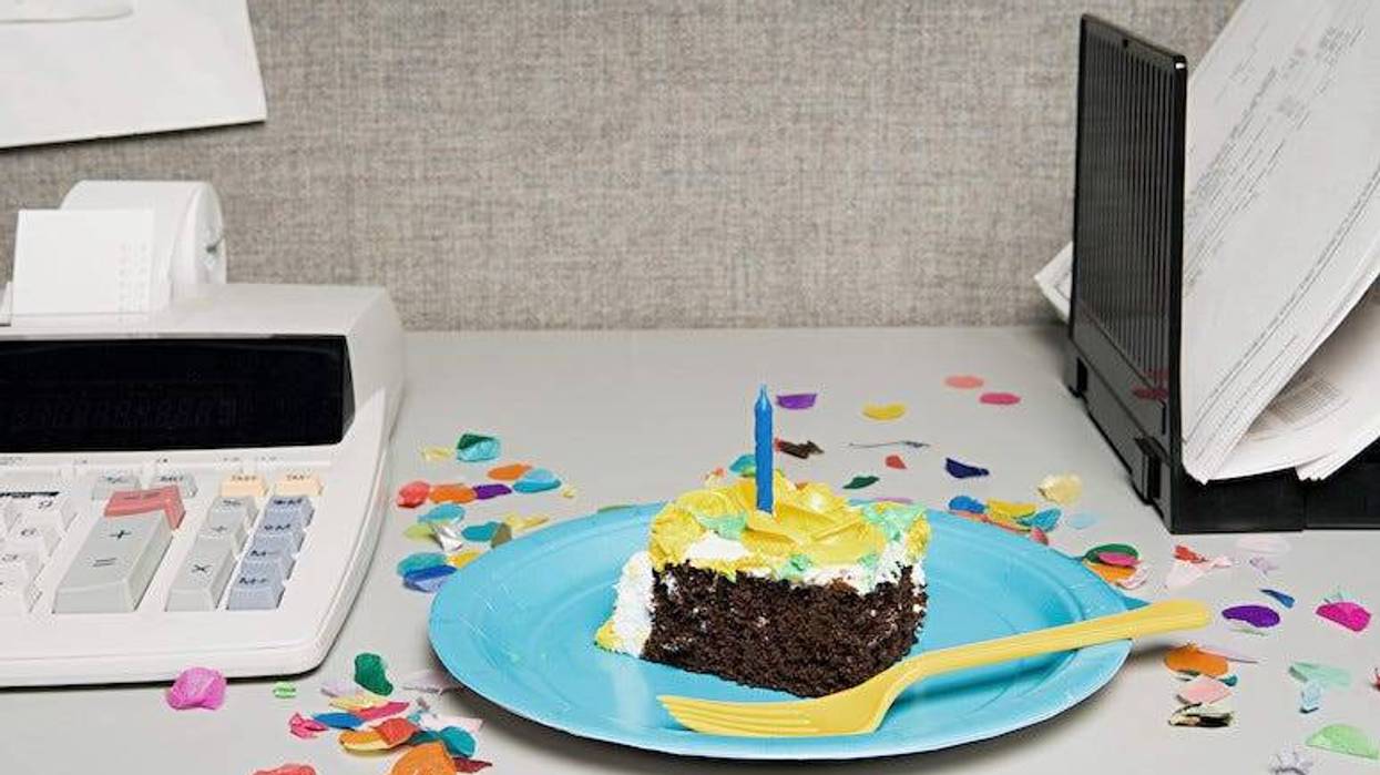 Birthday cake on an office desk