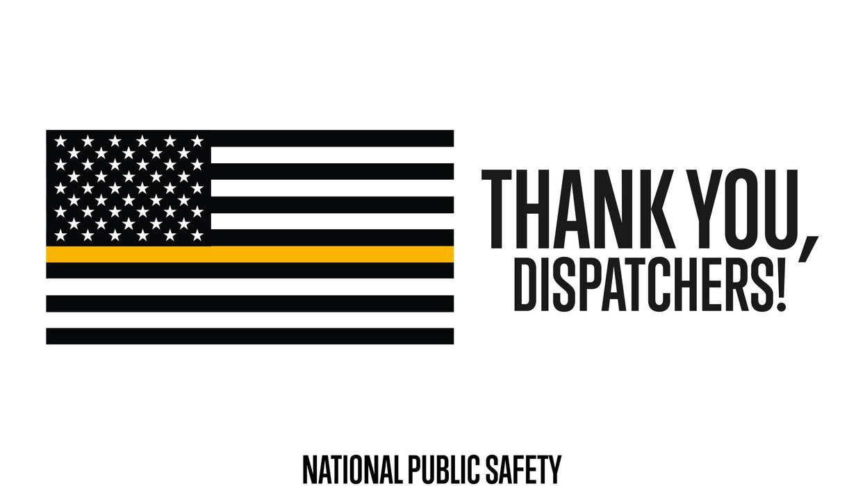 Black and white American flag with thin gold line in honor of National Public Safety Telecommunicators Week. Text reads, "Thank you, dispatchers!"