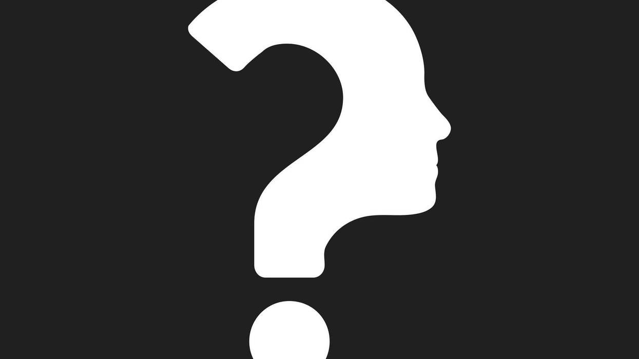 Black and white vector illustration of human face with question mark.