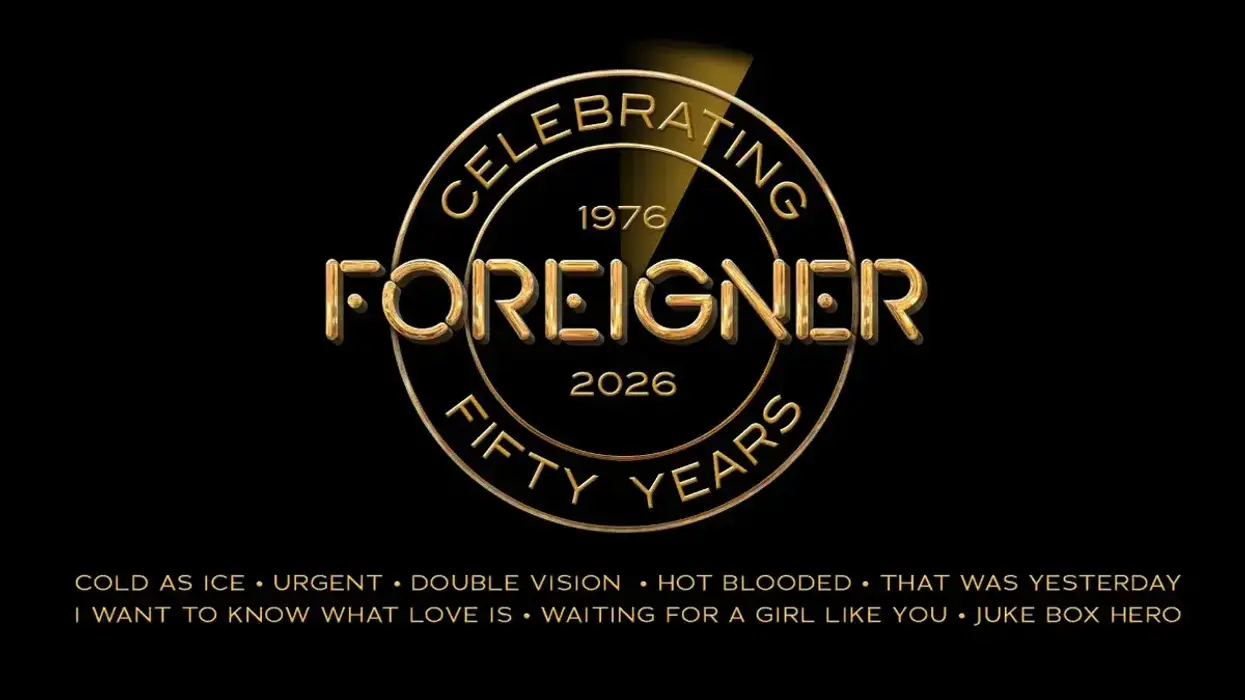 Black & gold logo: Celebrating Foreigner 50 years, underneath it has all their most popular songs listed