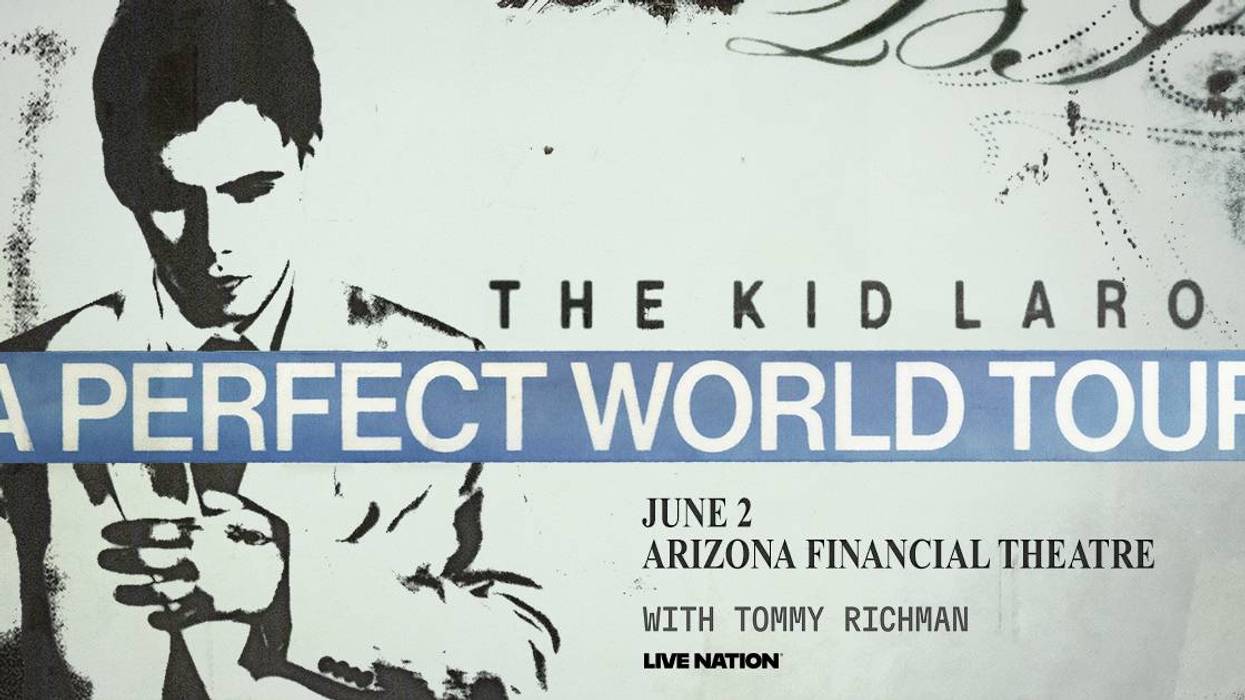 Black & white poster: The Kid Laroi A Perfect World Tour, June 2, Arizona Financial Theatre, Tommy Richman.