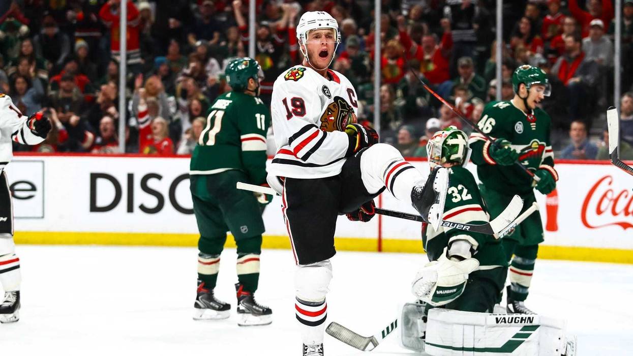 Blackhawks center Jonathan Toews (19) celebrates after scoring against the Wild.