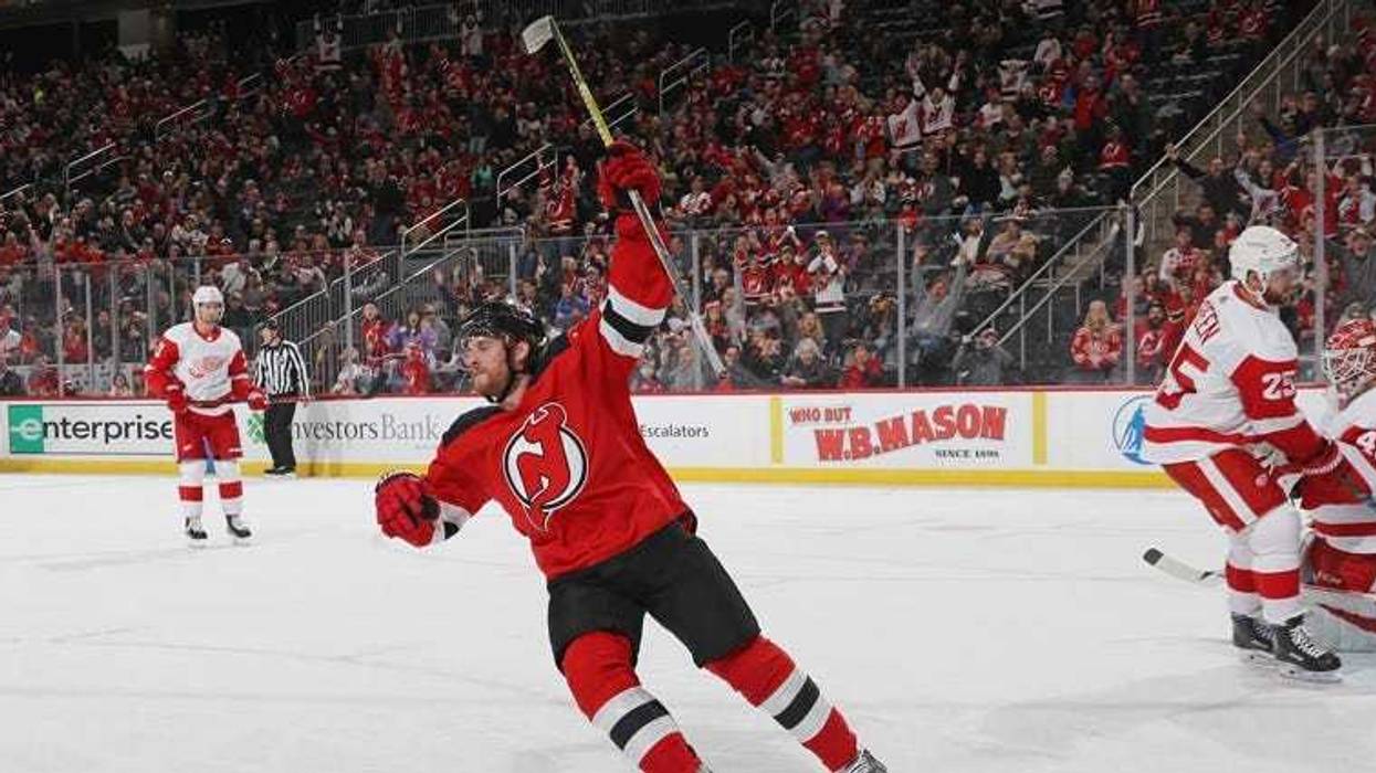 Blake Coleman of the New Jersey Devils celebrates his short-handed goal against the Detroit Red Wings on Nov. 17, 2018, at the Prudential Center in Newark.