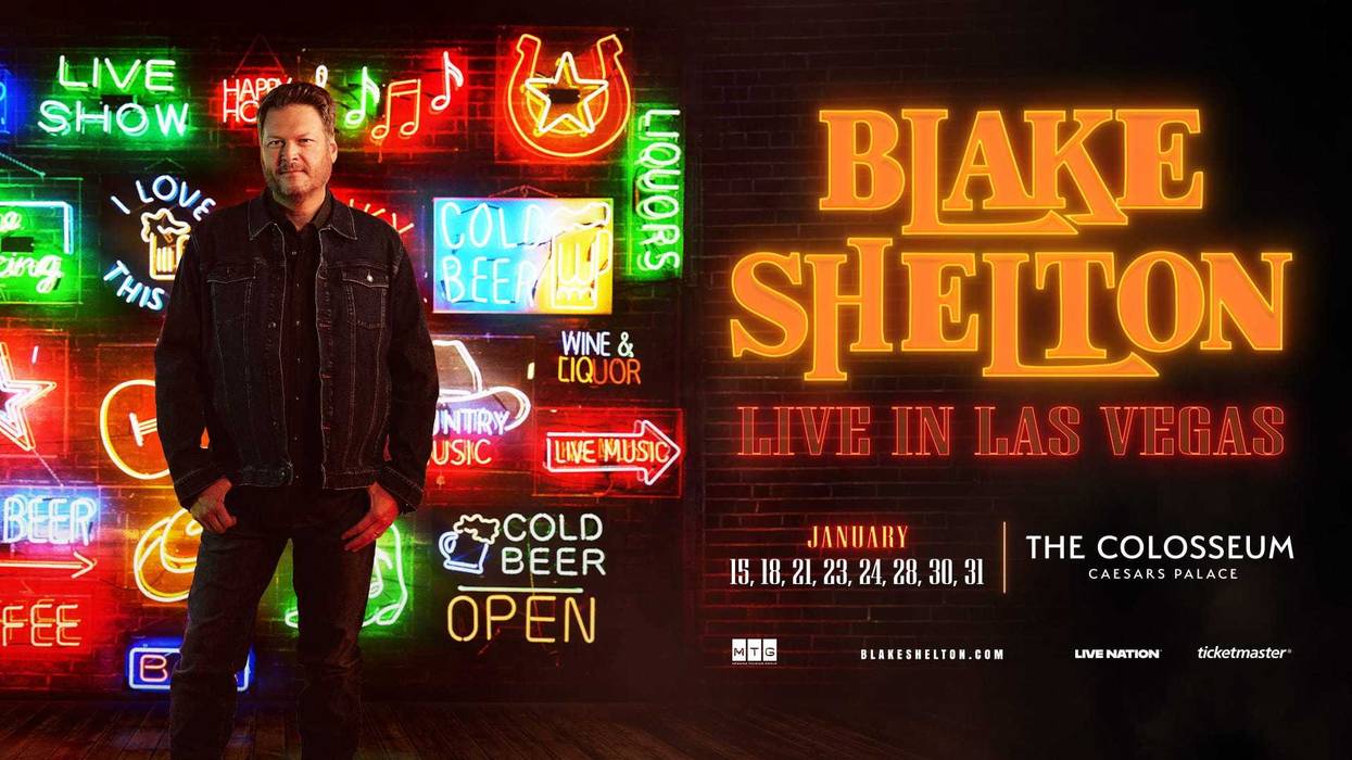 Blake Shelton concert poster with neon signs for his Las Vegas residency.