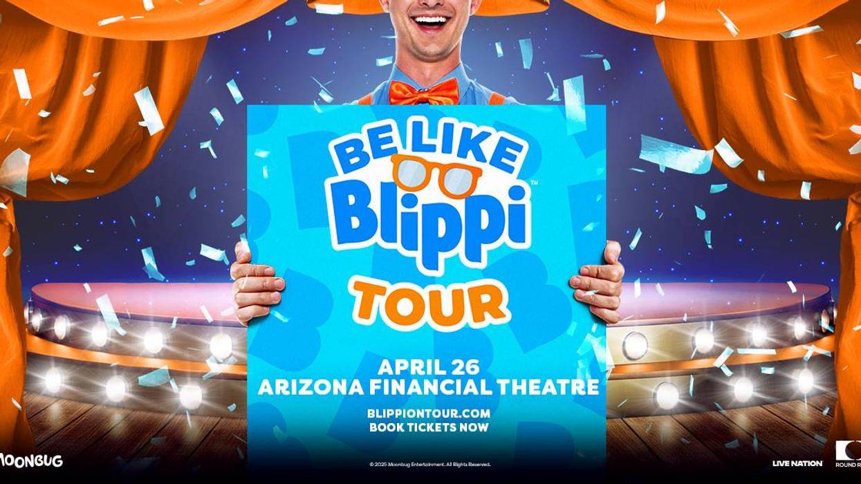 Blippi smiling, holding a "Be Like Blippi Tour" sign for April 26 at Arizona Financial Theatre.
