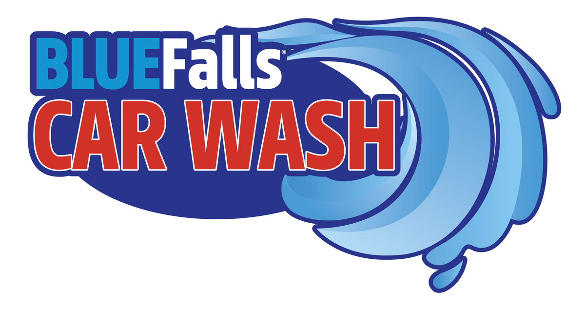 BLUE Falls CAR WASH logo. Blue, white, red text on blue, with a stylized water wave graphic.