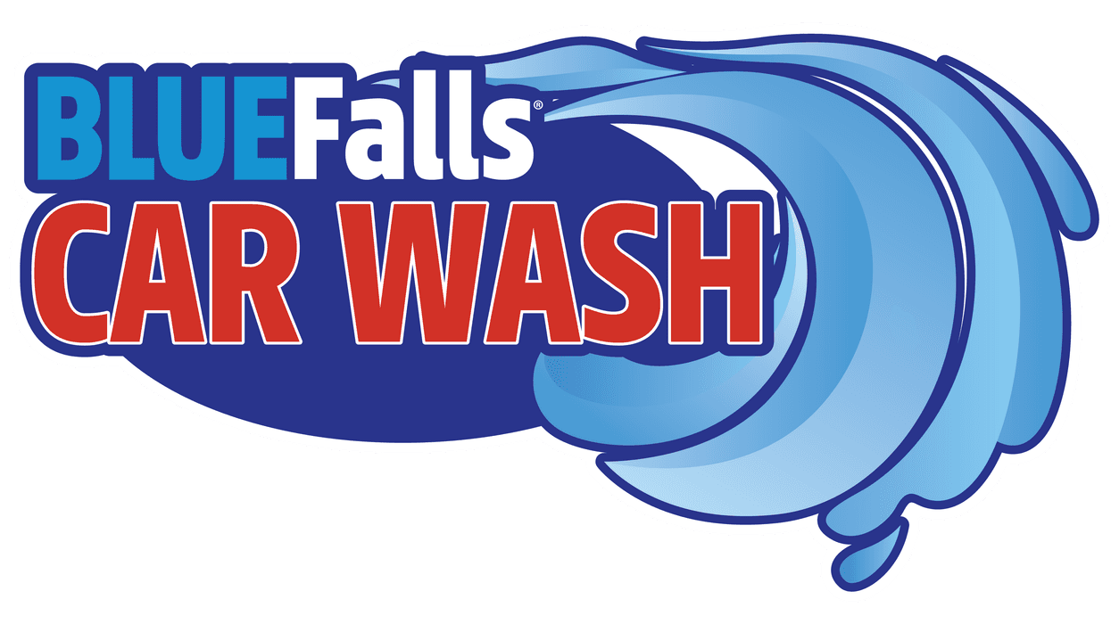 BLUE Falls CAR WASH logo. Blue, white, red text on blue, with a stylized water wave graphic.