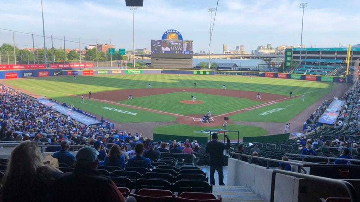 Blue Jays pitcher Robbie Ray hurls the first pitch in Buffalo against the Miami Marlins. June 1, 2021