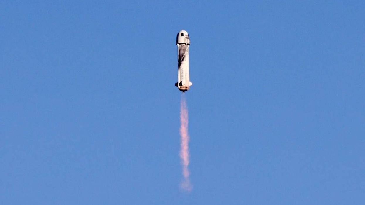 Blue Origin’s New Shepard flies toward space carrying Good Morning America co-anchor Michael Strahan, Laura Shepard Churchley, daughter of astronaut Alan Shepard, and four other civilians on December 11, 2021 near Van Horn, Texas.