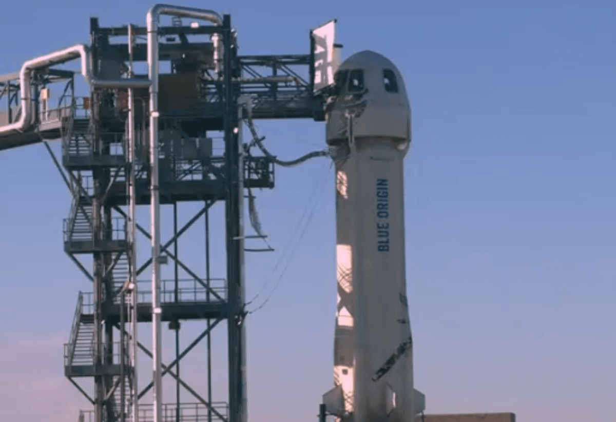 Blue Origin’s New Shepard lifts-off from the launch pad carrying Jeff Bezos along with his brother Mark Bezos, 18-year-old Oliver Daemen, and 82-year-old Wally Funk on July 20, 2021 in Van Horn, Texas