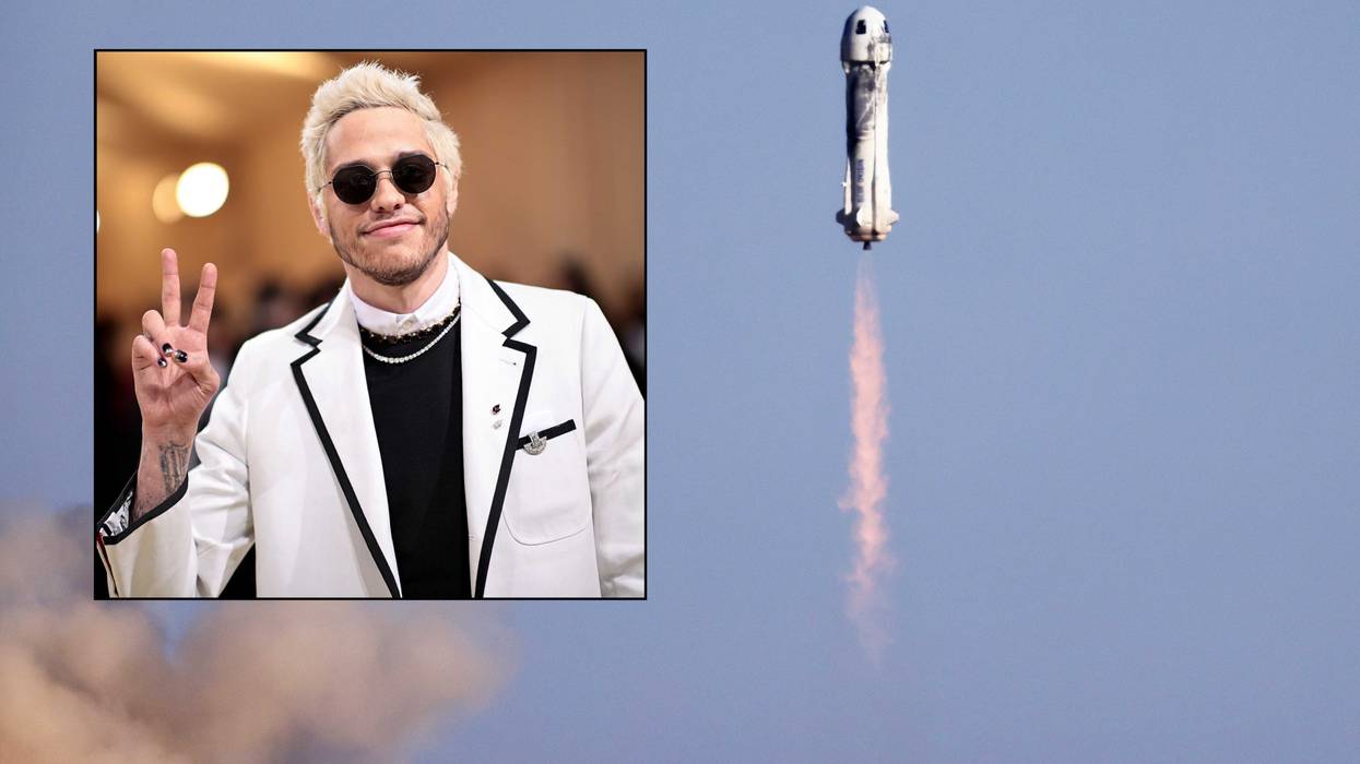 Blue Origin’s New Shepard lifts off from the launch pad near Van Horn, Texas, in October. Inset: Pete Davidson