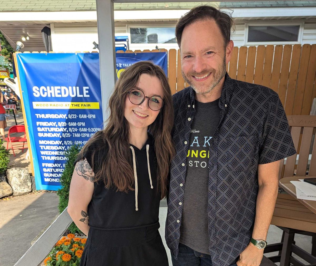Blue ribbon chocolate chip cookie winner Madeline Poultridge with DeRusha on the WCCO Radio front porch Wednesday.