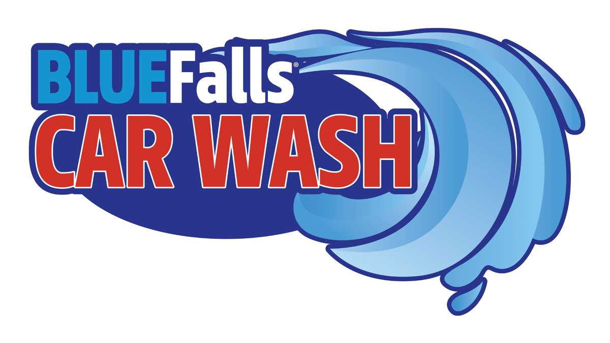 BLUEFalls CAR WASH logo with a blue water splash design.