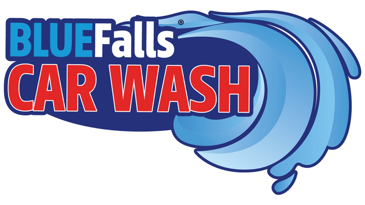 BLUEFalls CAR WASH logo with blue and red text and a stylized blue water wave.