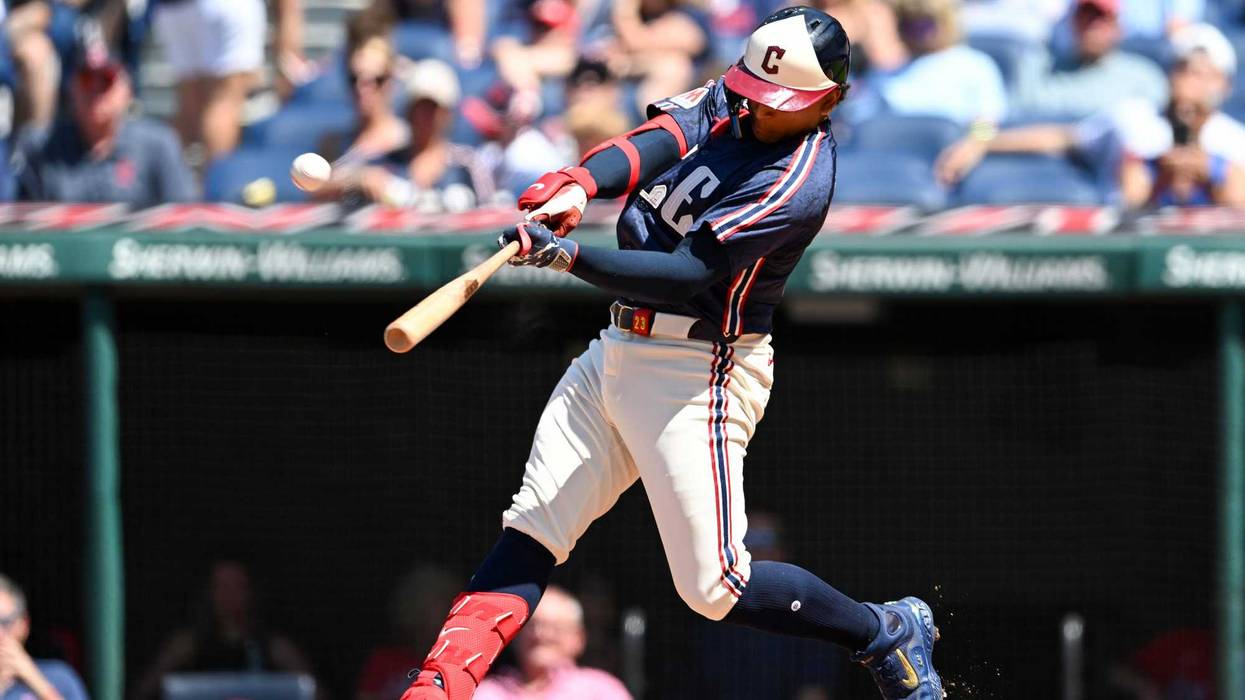 Bo Naylor #23 of the Cleveland Guardians hits a three-run home run during the sixth inning against the San Francisco Giants at Progressive Field on July 07, 2024 in Cleveland, Ohio.