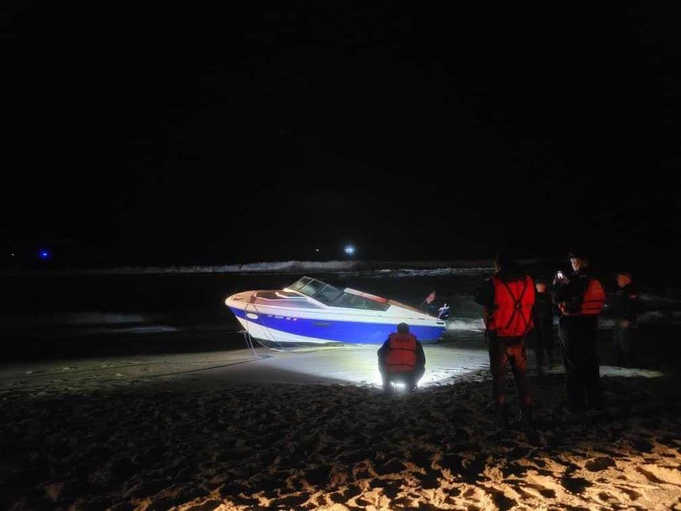 Boat that washed up on Fire Island shore Sunday.