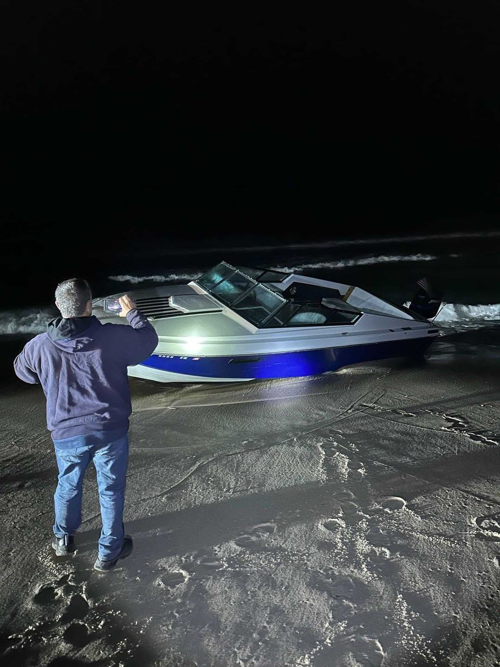 Boat that washed up on Fire Island shore Sunday.