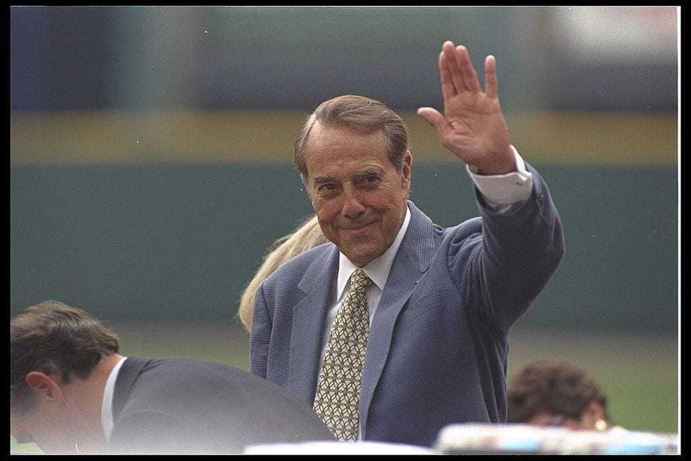 Bob Dole at a baseball game between the Houston Astros and the St. Louis Cardinals at Busch Stadium in St. Louis, Missouri in 1996