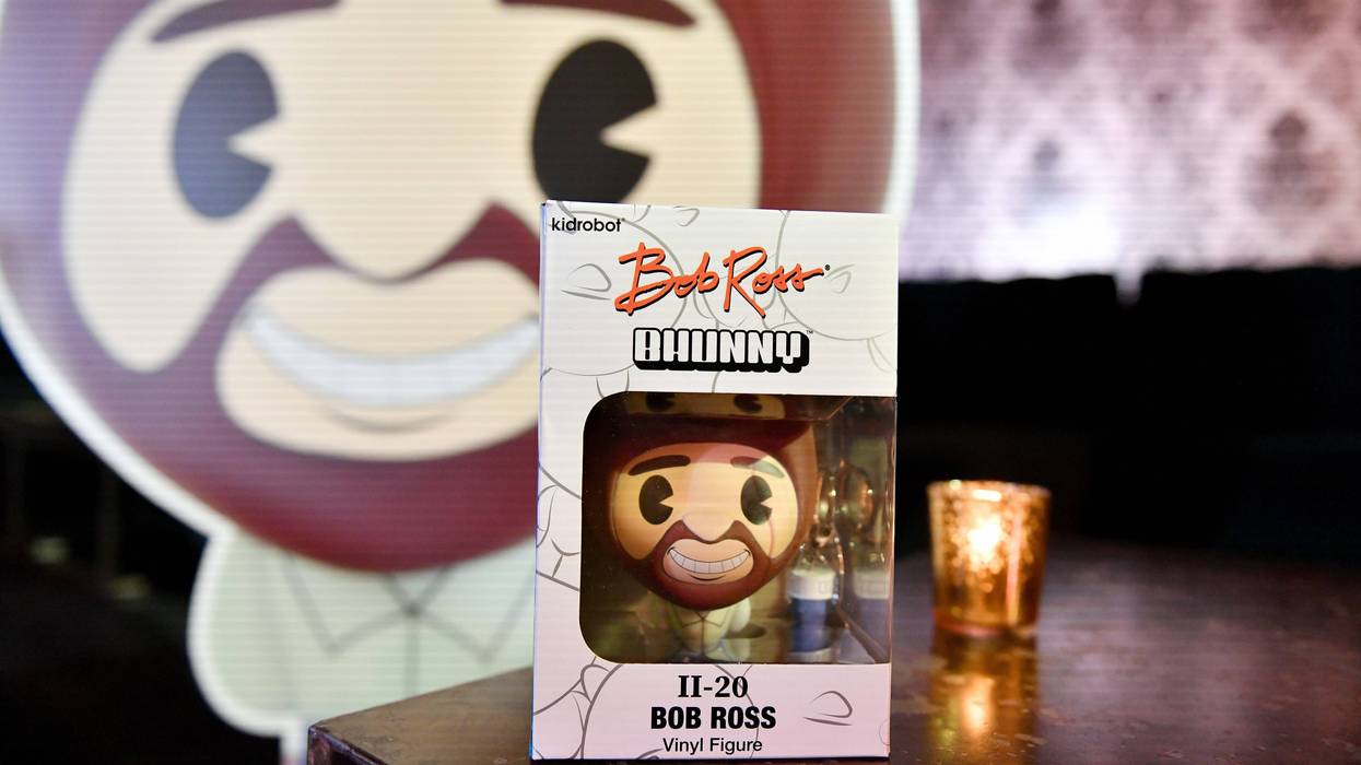 Bob Ross limited edition Series 1 Bhunny figures by Frank Kozik on display during the Kidrobot x Bhunny Series Toy Fair Preview at Slate on February 21, 2020 in New York City.