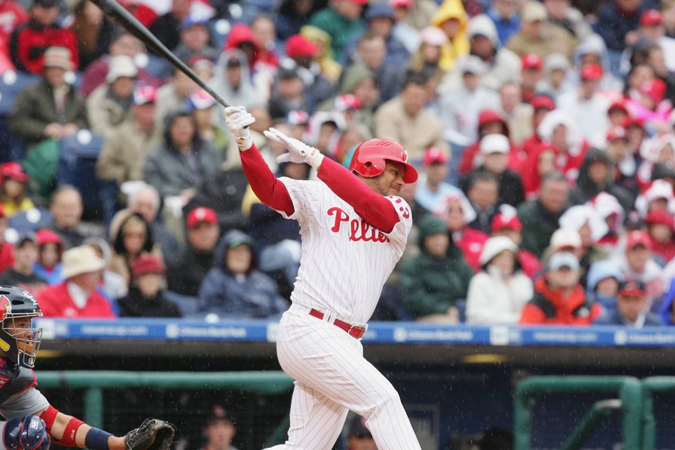 Bobby Abreu of the Philadelphia Phillies bats against the St. Louis Cardinals during the Opening Day game on April 3, 2006 at Citizens Bank Park in Philadelphia, Pennsylvania. The Cardinals won 13-5.