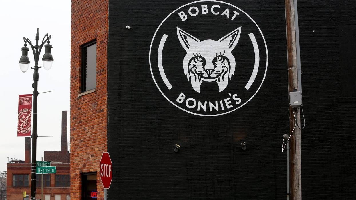 Bobcat Bonnie's logo on side of restaurant in Corktown