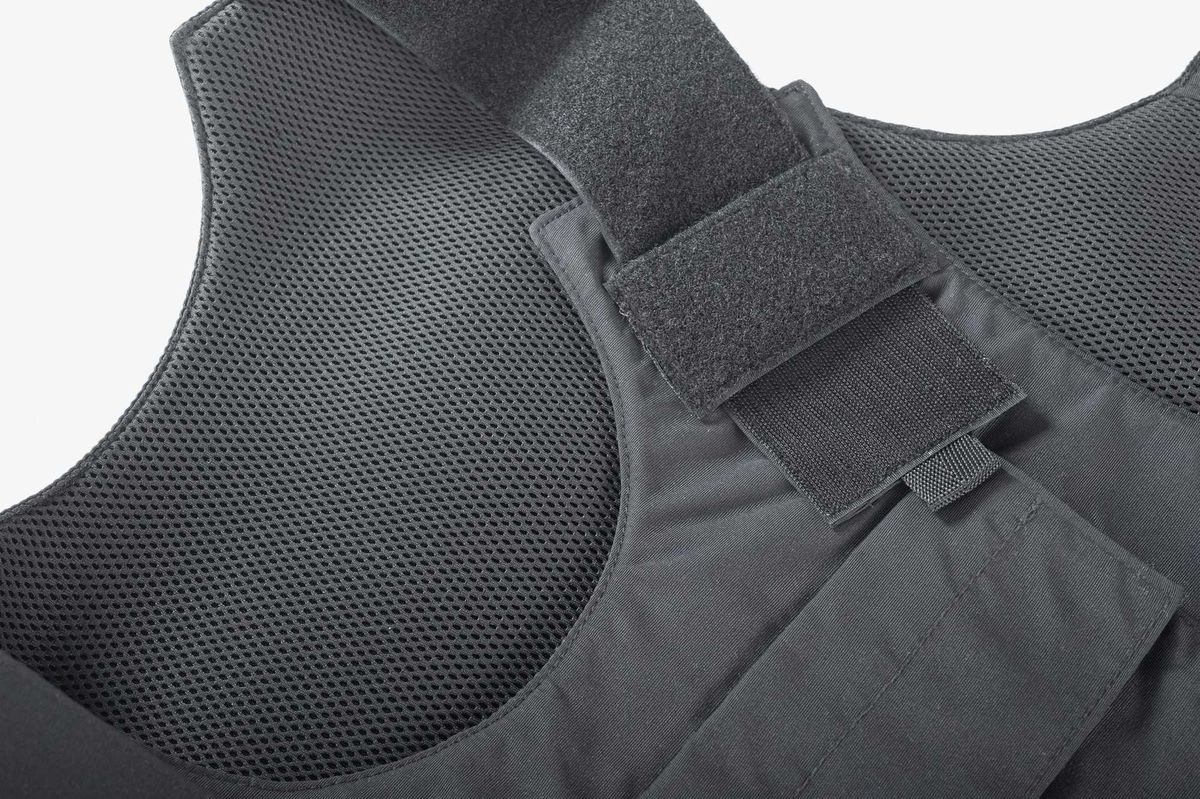 Body armor stock photo. Black Bulletproof best close up.
