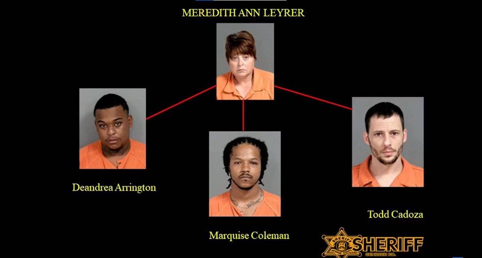 Booking photos of Meredith Leyrer, Deandra Arrington (left), Marquise Coleman (bottom center), and Todd Cadoza (right) connected by red line from Leyrer