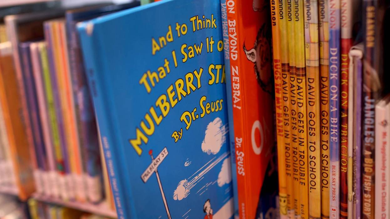 Books by Theodor Seuss Geisel, aka Dr. Seuss, including "On Beyond Zebra!" and "And to Think That I Saw it on Mulberry Street," are offered for loan at the Chinatown Branch of the Chicago Public Library on March 02, 2021 in Chicago, Illinois.