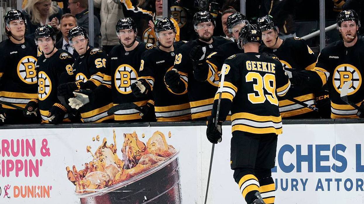 Boston Bruins forward Morgan Geekie celebrates a goal against the Philadelphia Flyers in a preseason game at TD Garden